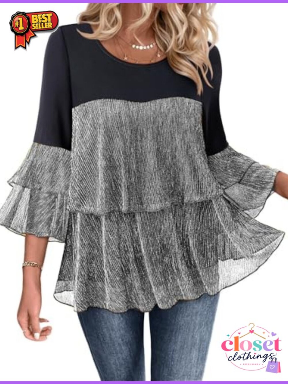 Womens Dressy Sparkly Peplum Tunic Top Ruffle Sleeve Evening Blouse